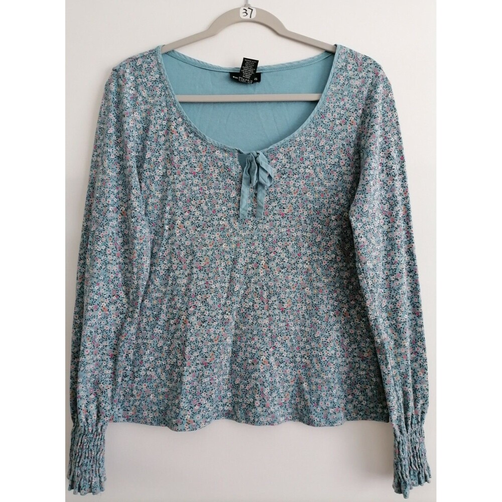 Y2K Express Jeans Womens Blue Keyhole Neck Tie Front Disty Floral Top Size XL